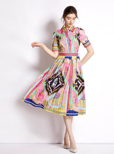 Printed Pleated Short Sleeves Dress