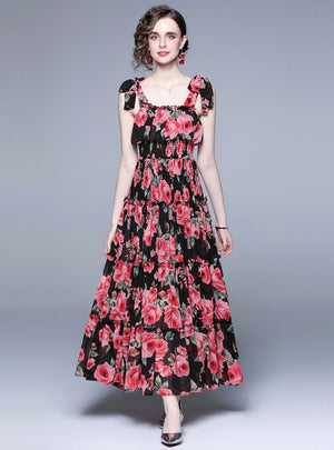 Black Retro Rose Sling Dress