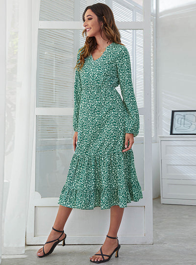 V-neck High Waist Casual Printed Flounce Dress