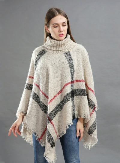 Middle Length High-Necked Knitwear Cape Shawl Blouse