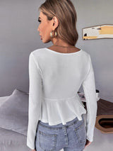 V-neck Pleated Ruffled Long Sleeve T-shirt