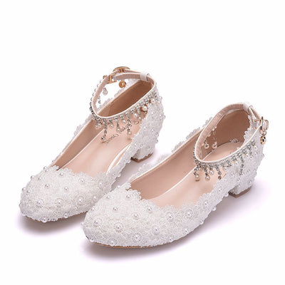 White Lace Square Round Head Wedding Shoes