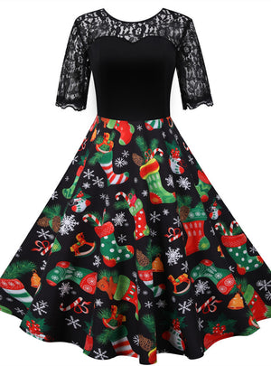 Christmas Lace Stitching Print Dress