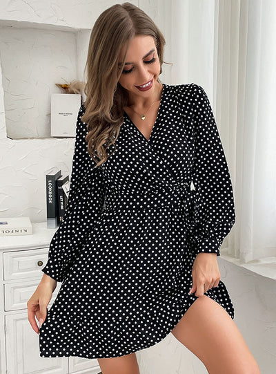 V-neck Polka Dot Long Sleeve Dress