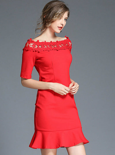 Red Mermaid Dress Off-Shoulder Lace Party Dress