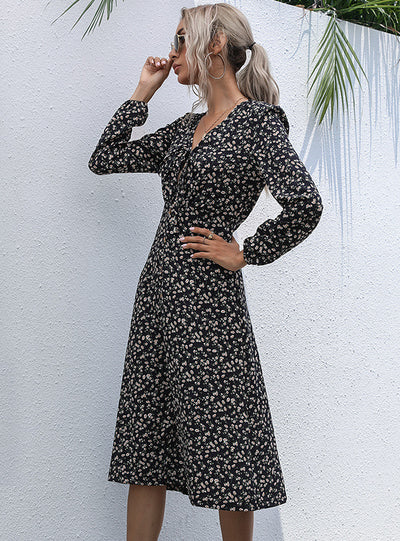 Silm Waist Printed Long Split Chiffon Dress