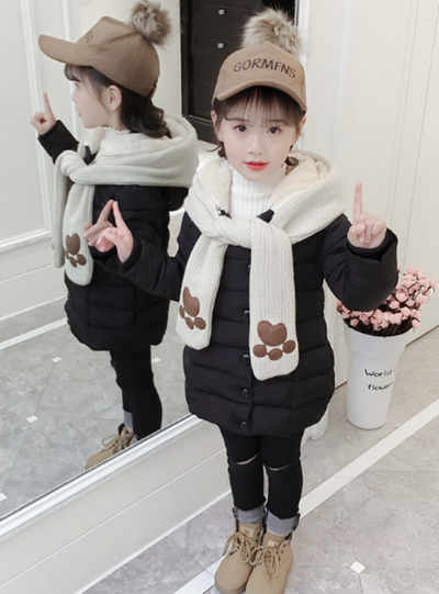 Thickened Girl's Cotton-Padded Jacket With Scarf