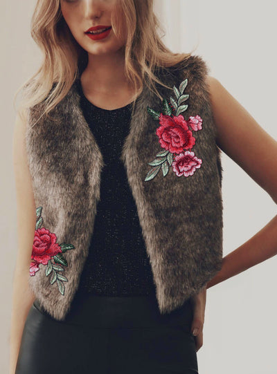 Women's Embroidered Fur Vest Wool Vest