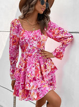 Square Collar Printed Flounce Cake Dress