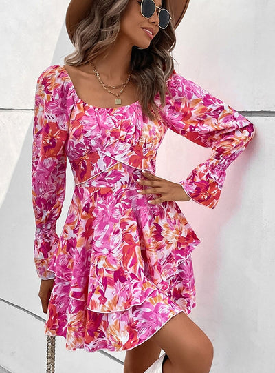 Square Collar Printed Flounce Cake Dress