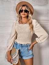 Solid Color U-neck Polka-dot Long Sleeve Blouse