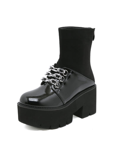 Zipper Thick-soled Spliced Metal Velvet Booties