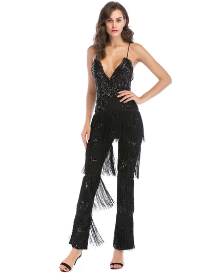 Sliced Trousers Tassels Sequins Jumpersuit
