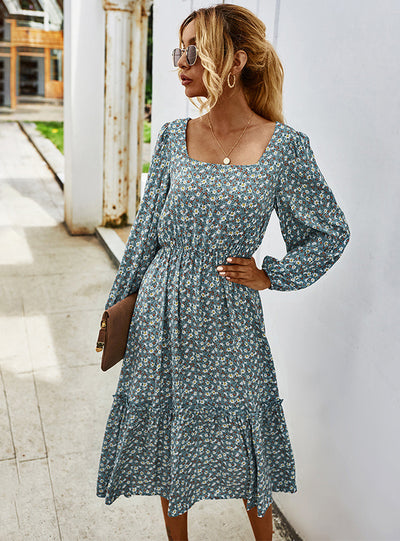 Long Sleeve Elegant Ladies Flower Square Collar Dresses