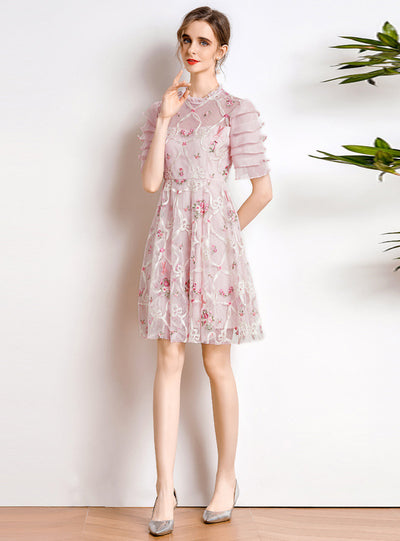 Embroidered Tulle Butterfly Sleeve Flounce Dress