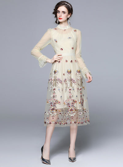 Long-sleeved Gauze Embroidered Dress