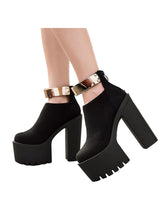 Fashion Bling Thick Heels Ladies Shoes Black Boots Flock