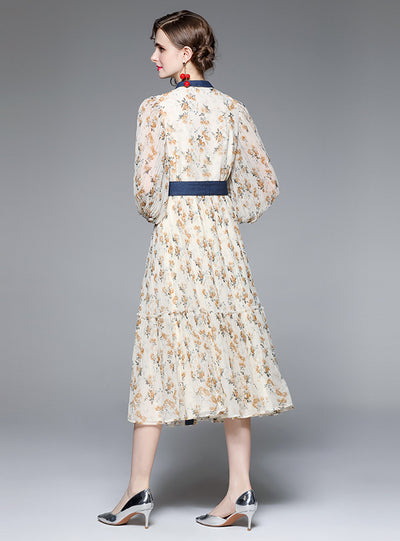 Bubble Sleeve Denim Stitching Print Dress