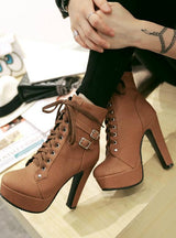 Ankle Boots High Heels Lace Up Leather