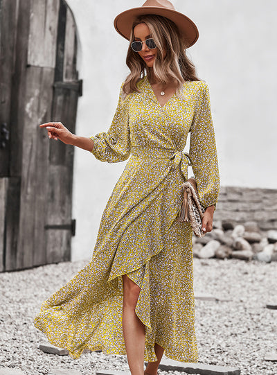 Long Sleeve Print V-neck Dress
