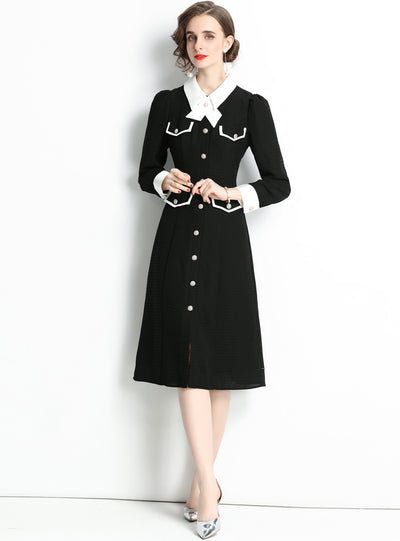 French Lapel Long Sleeve Contrast Retro Dress
