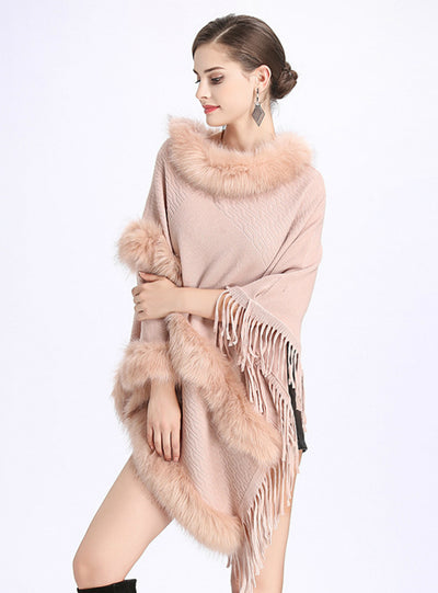 Loose Round Neck Fringed Pullover Sweater Cape Shawl
