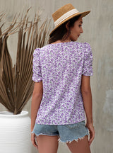 V-neck bubble sleeve printed short sleeve blouse