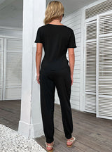 V-neck Kinked T-shirt Two-piece Trousers Suit