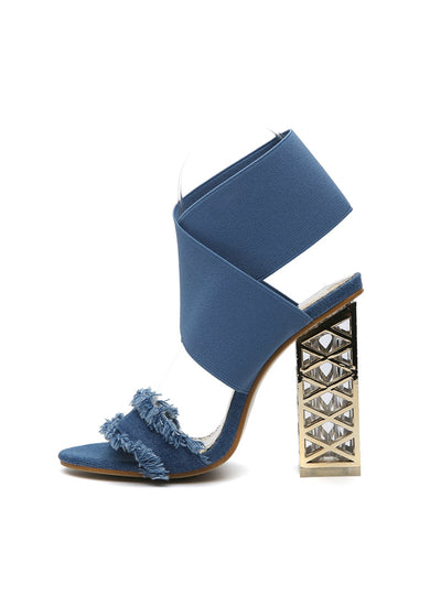 Luxury Metal Square High Heels Denim Sandals