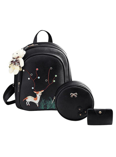 3pcs/Set Deer Embroidery Mini Backpack Women