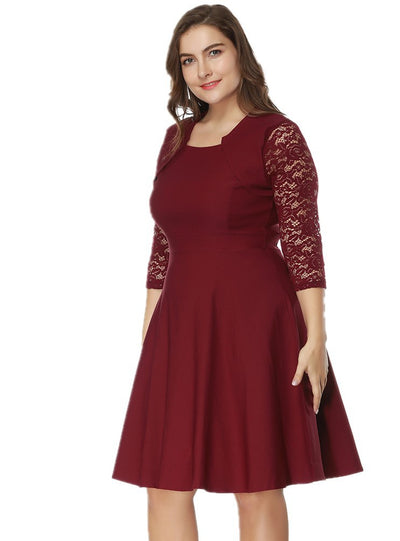 Plus Long Sleeve Lace Stitching Dress