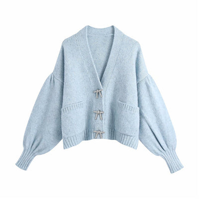 Women Fashion Rhinestone Buttons Loose Knitted Cardigan