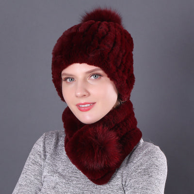 Rex Rabbit Fur Hat Scarf Winter Two-piece Set