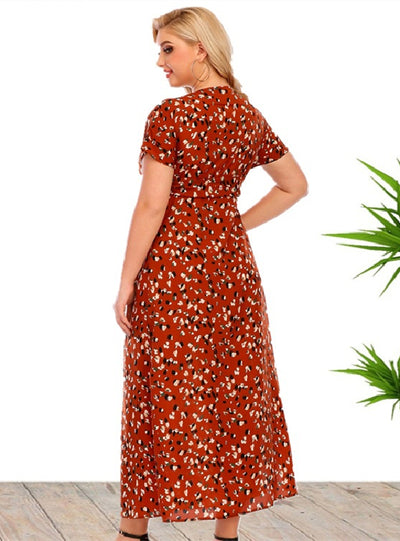 Floral V-neck Short Sleeve Split Dress