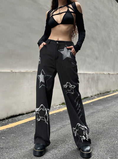 Star Patch Stitching High Waist Jeans