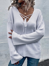 V-neck Lace-up Flared Sleeve Sweater