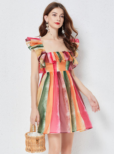 Rainbow Yarn Square Collar Backless Dress