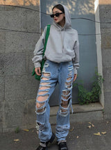 Washing Old Straight Trousers Holes Jeans