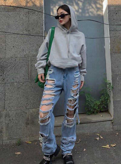 Washing Old Straight Trousers Holes Jeans