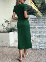 V-neck Twisted Split Solid Color Dress