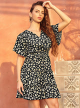 Floral V-neck Lace-up Casual Dress