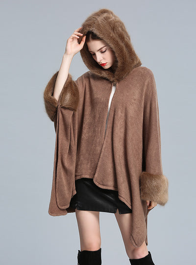 Mink-like Hooded Shawl Cloak Large Size Knitted Cardigan