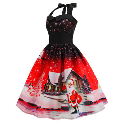 Christmas Print Halter Dress