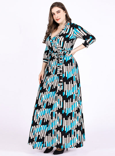 Geometric Printed Wrap V-neck Cropped Sleeves Dress