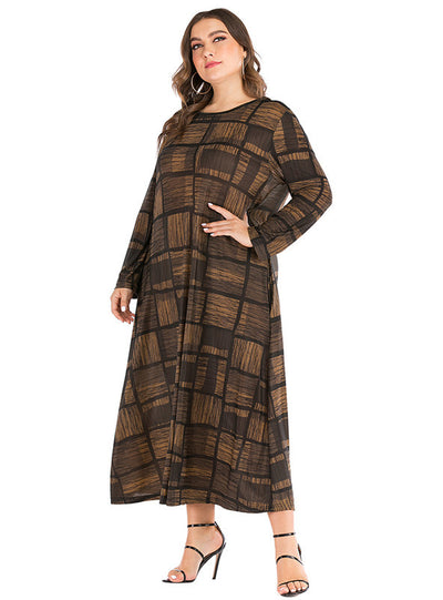 Plaid Printed Round Neck Long Sleeve Pocket Dress