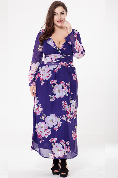 Chiffon Long Sleeve V-neck Printed Dress