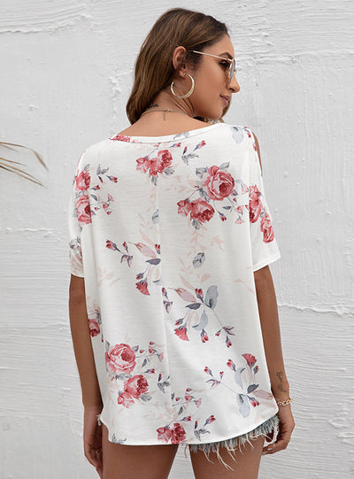 V-neck Casual Leaky Knotted Printed T-shirt