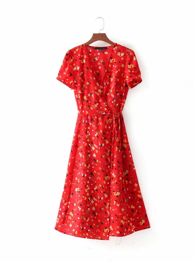 Short Sleeve Cross V Neck Tie Waist Wrap Dresses