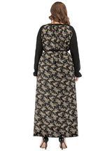 Spliced Round Neck Long Sleeve Print Large Size Dress