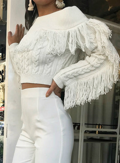 Sexy Word Shoulder Tassel Sweater Slim Woman